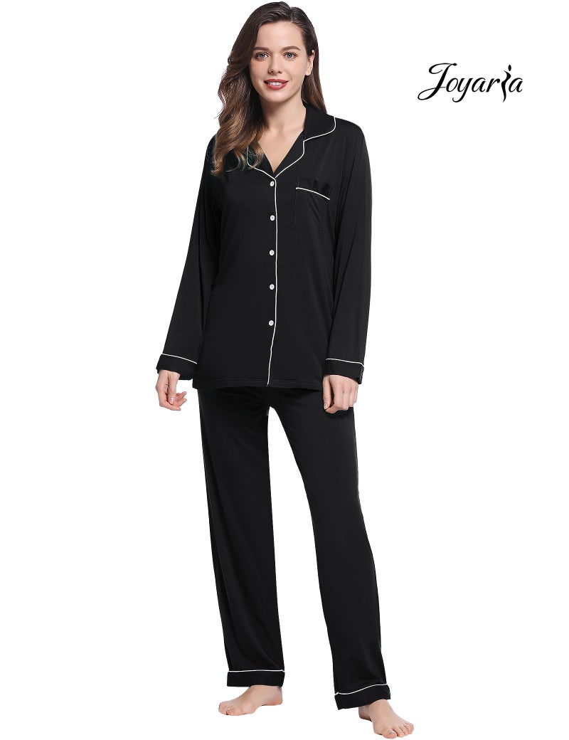 Joyaria Ladies Bamboo Viscose Pajamas Button Down/Up Pj Set Long Sleeve Long Pants(Black, Medium) - Image 3